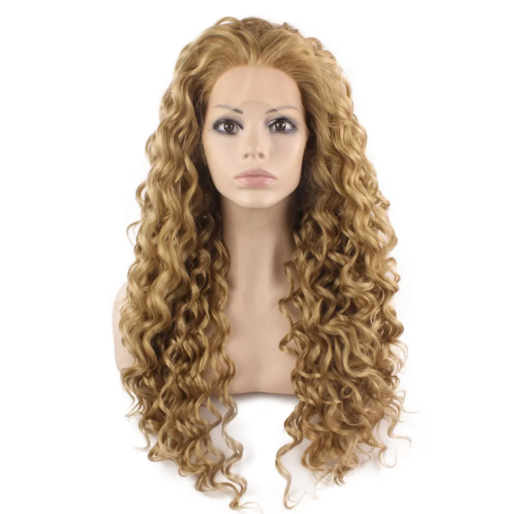 26 "extra lange bruine blonde pruik warmte vriendelijk kanten voorste synthetisch haar krullende pruik