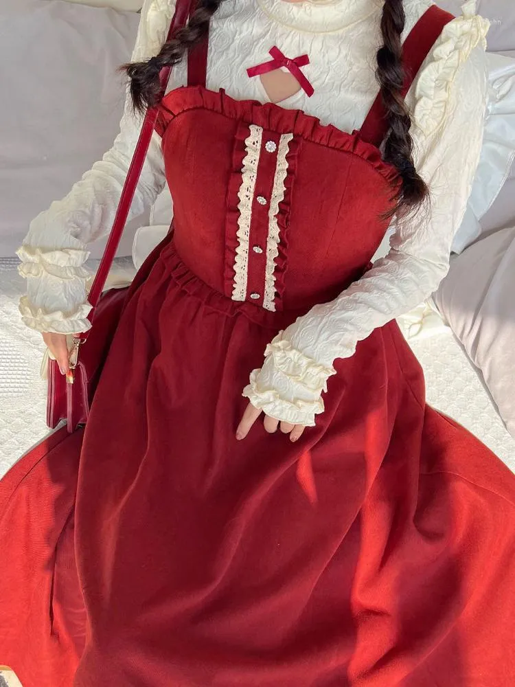 Robes de travail Xgoth femmes vin rouge longue robe printemps automne année douce Kawaii nœud papillon fronde Leeve dentelle chemise deux pièces ensemble