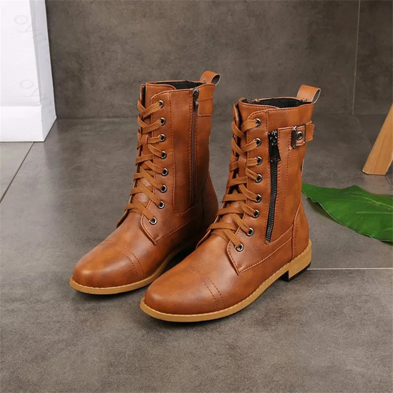 Boots Plus Size Retro Women Western Boots Punk Lace Up Buckle Motorcycle Boots Zipper Mid Calf Boots Ladies Short Botas 230214