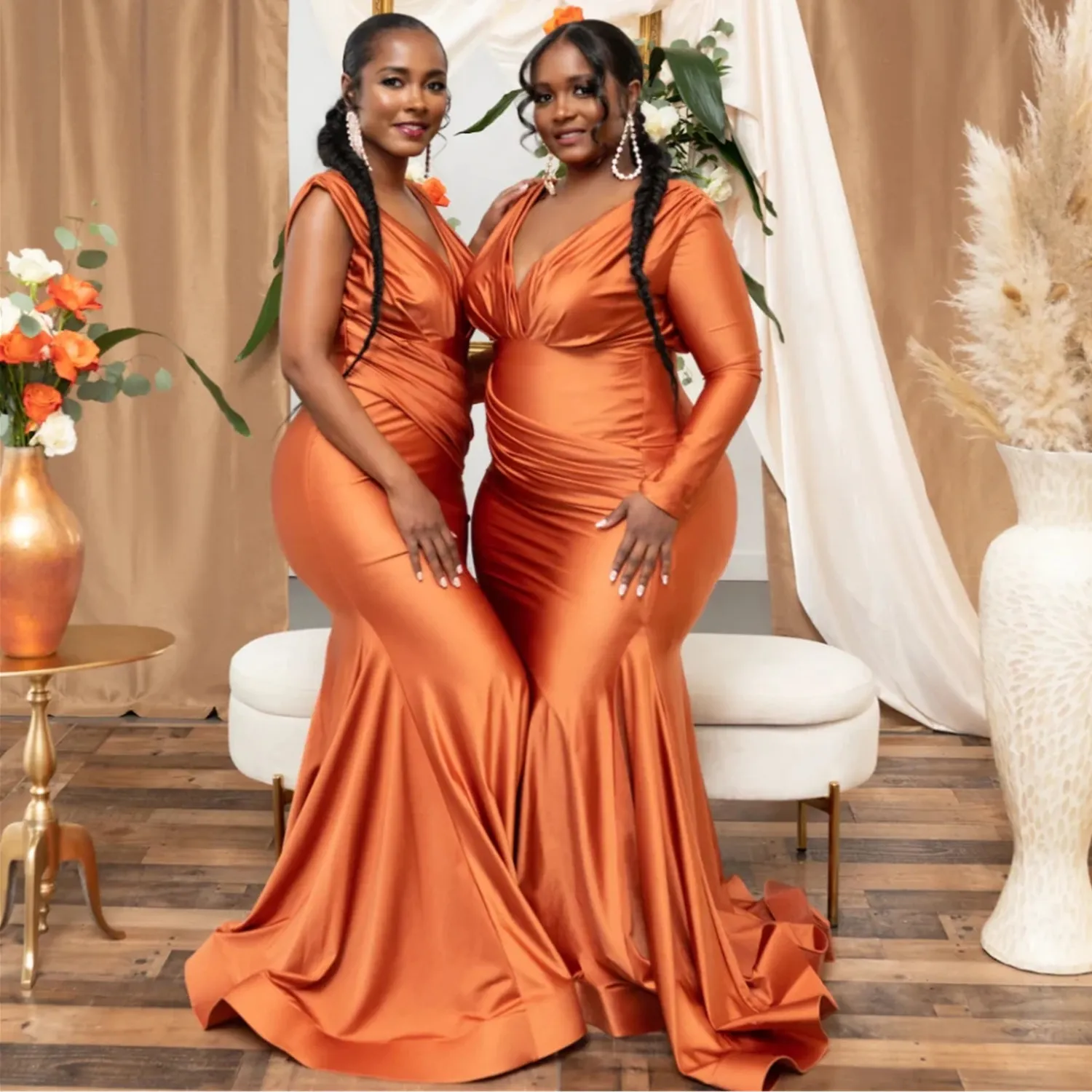 V Neck Mermaid Evening Dresses 2024 Satin Long Sleeves Plus Size Formal Prom Party Gowns