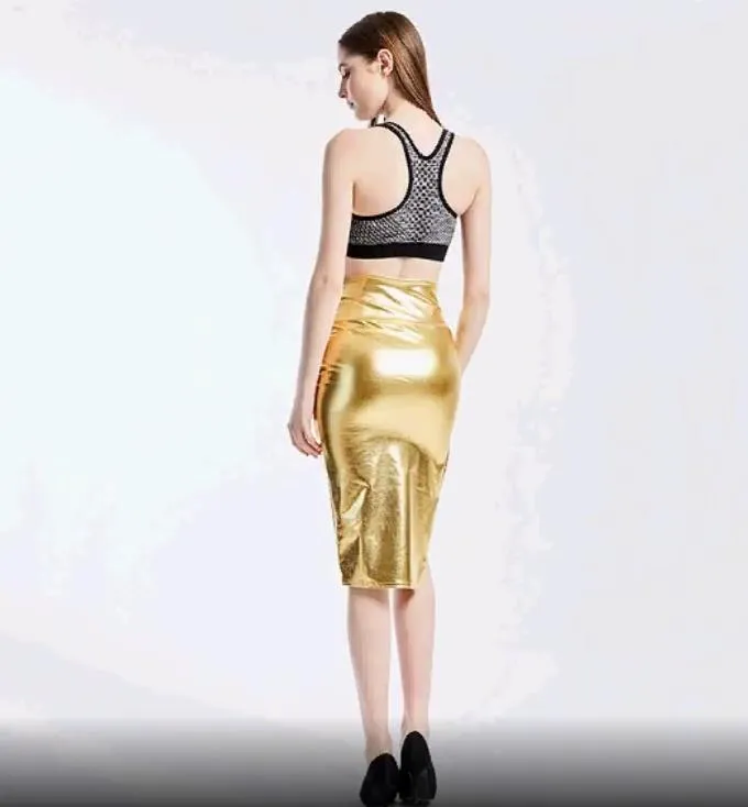 Wholesale-Ocstrade موضة جديدة للمرأة Aoutum مثير جيوب جانبية محكم الذهب نباتي جلد تنّورة مجسّمة