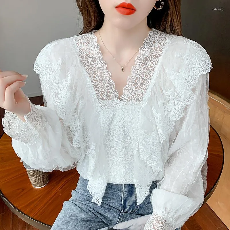 여성용 블라우스 Blusas de Mujer Blouse Shirts 2023 한국 버전 v-neck 레이스 스티칭 프릴 우아한 여성 레이디스 탑 6569i