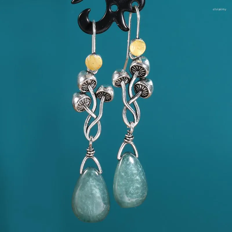 Boucles d'oreilles pendantes Vintage métal sculpté à la main champignon suspendu hétérosexuel pierre dames crochet goutte bijoux