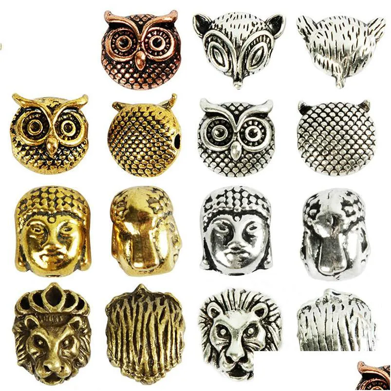 Outros 10pcs/saco antigo Gold Sier Owl Lion Buddha Cabe￧a Spacer Breads Diy Bracelets para Acess￳rios para J￳ias Dr Dhgarden Dh93k