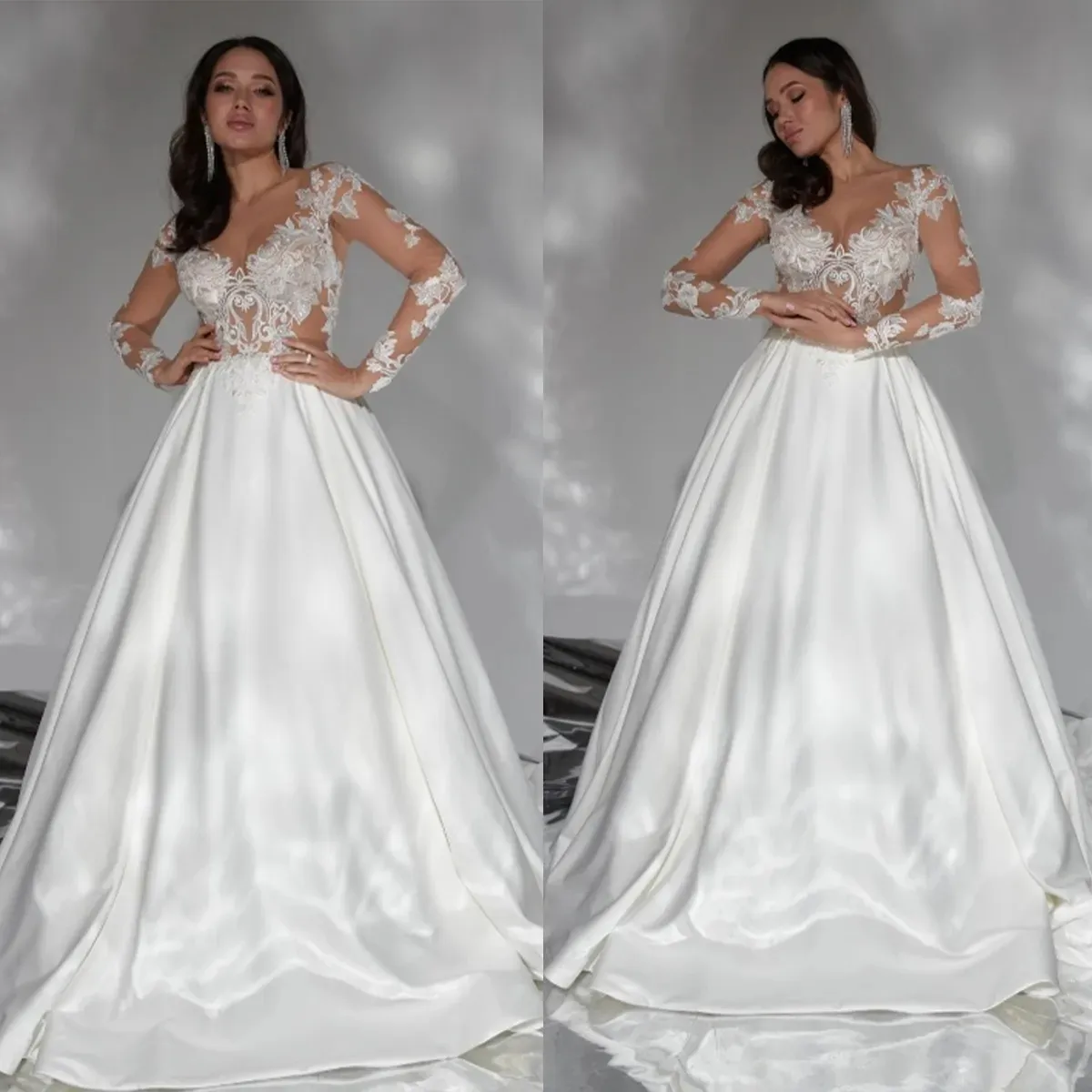 Plus Size Elegant White Wedding Dress, V-Neck Embroidered Mesh Gown with Lace Trim