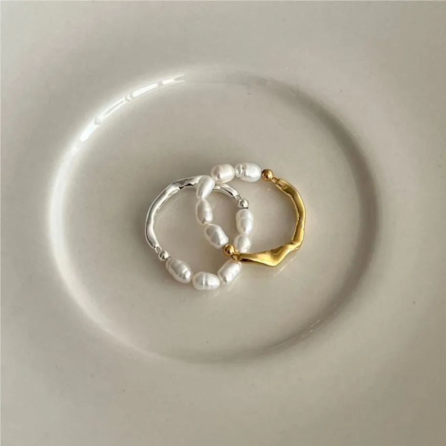 100% 925 Sterling Silver Geom￩trica An￩is Irregulares para Mulheres Anel de Festa de Casamento de P￩rolas de ￁gua Doce