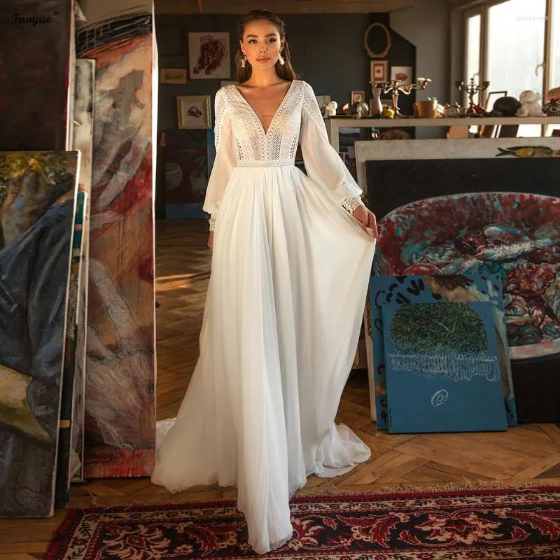 Wedding Dress Sexy Boho Lace Appliques A-Line Chiffon Long Sleeve Bride Dresses Princess Floor Length Bridal Gowns Backless