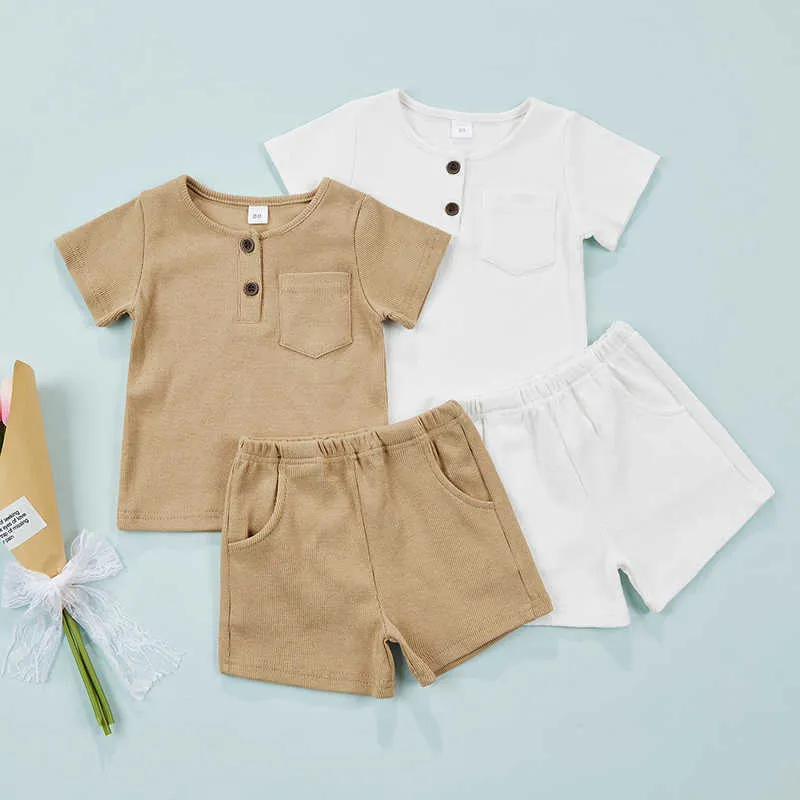 Ensembles de vêtements enfants garçons filles costumes décontractés vêtements d'été solides à manches courtes col rond hauts shorts élastiques tenues en coton pour bébés