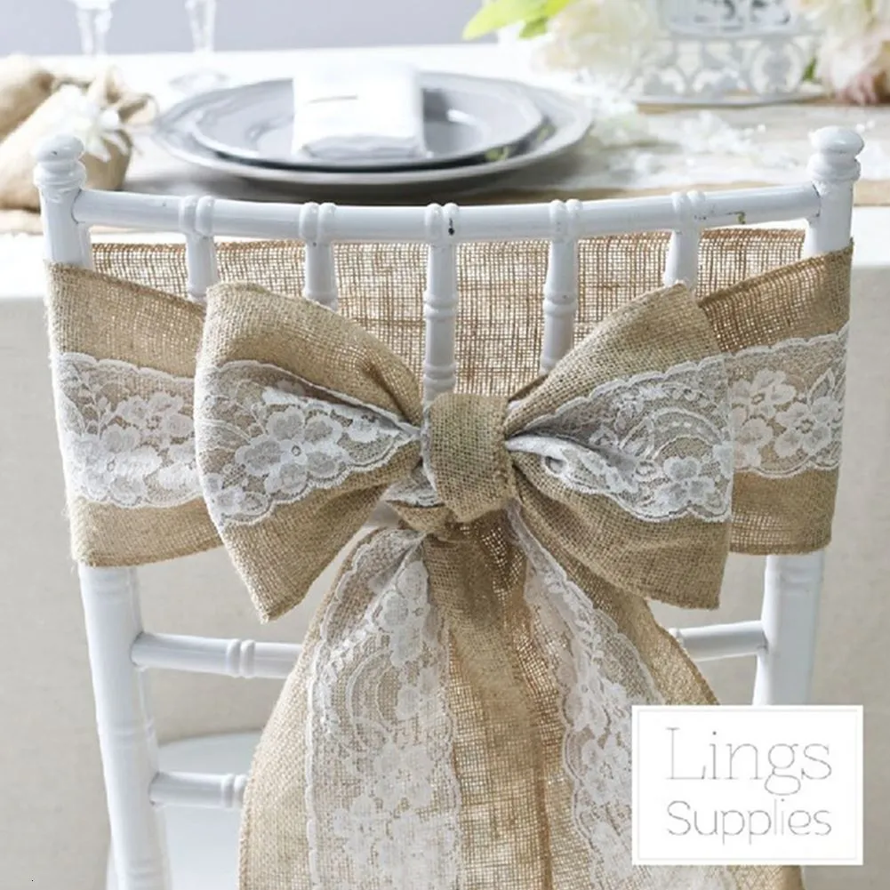 SASHES 5PCS Natural Jute Burlap Ribbon Chair 275m Lace Tie Bow for Rustic Wedding Divative DIY Party Party Supplie 230213