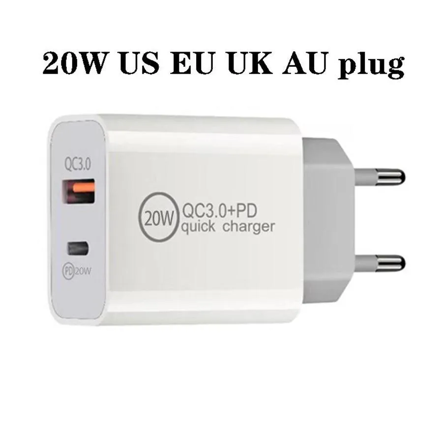 20W laddare USB Snabbtyp C PD Snabbladdning QC 3 0 V￤ggladdning EU US Plugs Adapter f￶r iPhone 12 Pro Max USB-C Hem Power Adapters 1213M