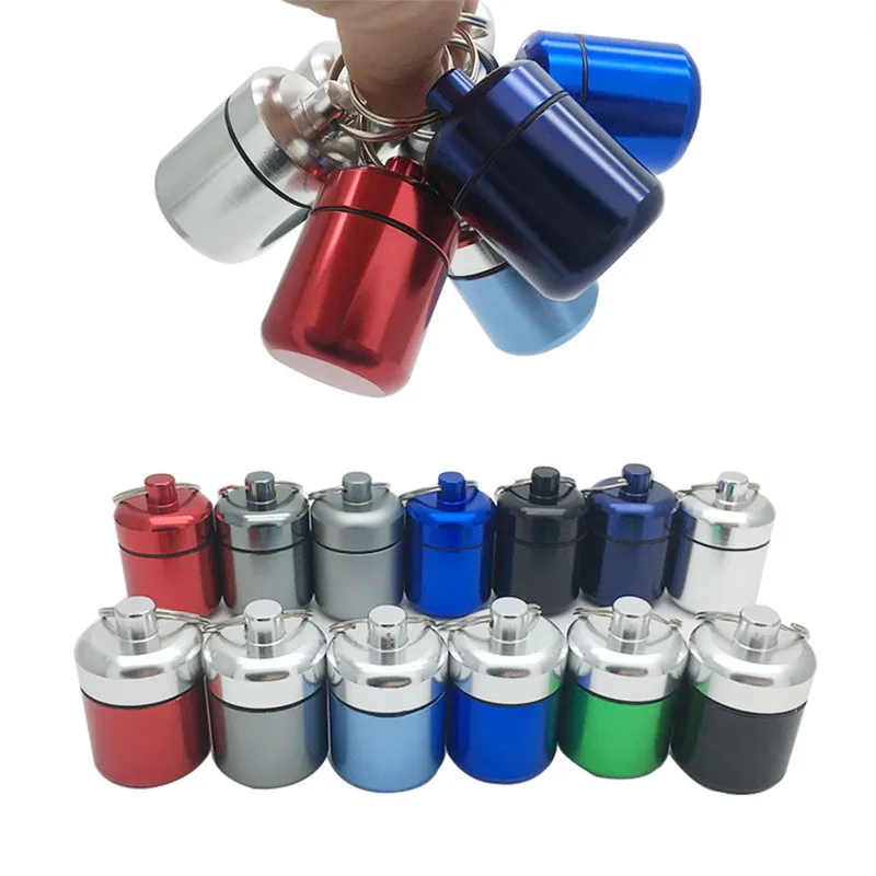 Metal Waterproof Alloy Pill Box Case Bottle Cache Holder Container Keychain Medicine Box Dabber Wax Tobacco Container Jars Aluminum Short Fat Storage for Dry Herb