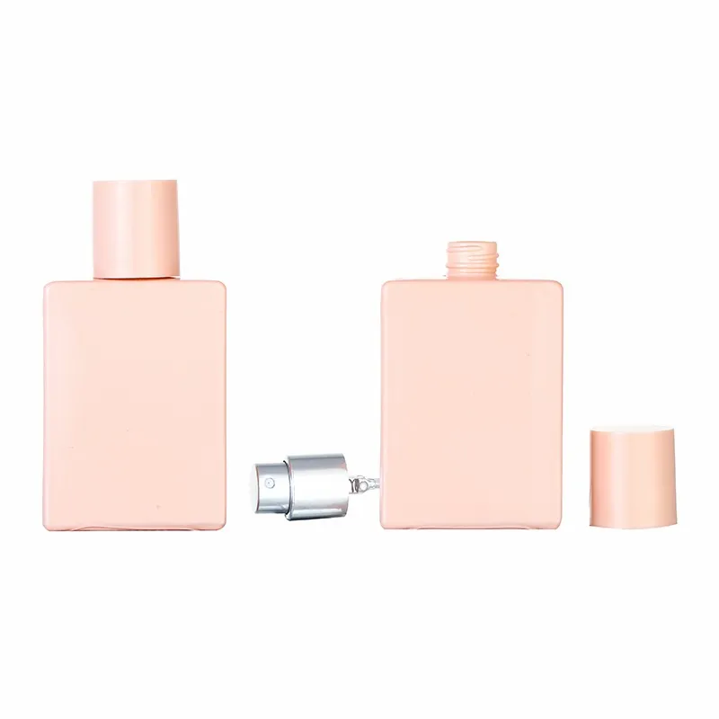 30 ml 50 ml tomt glas parfymflaska silver spraypump plast täck kosmetisk förpackning rosa fyrkantiga bärbara prov påfyllningsbara injektionsflaskor