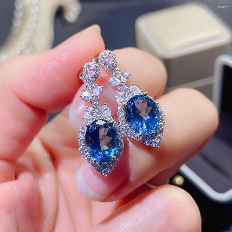 Boucles D'oreilles Puces Produit De Luxe Haut De Gamme Topaze Bleue Longues Féminines