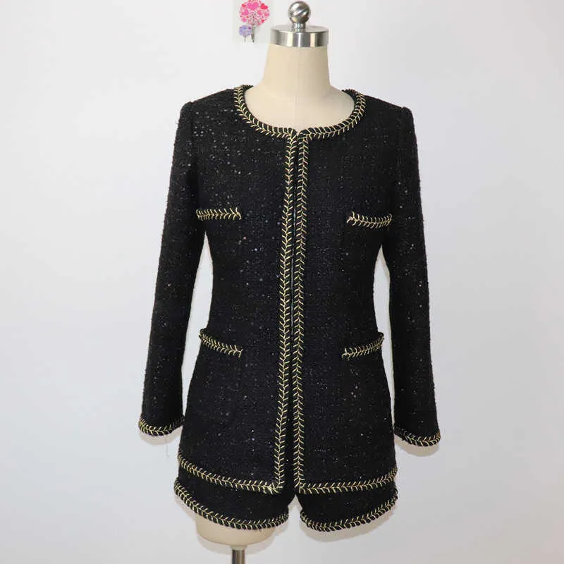 Women's Wool & Blends Designer Autumn and winter women's bright bead piece medium length slim black tweed coat long sleeve single WOMI