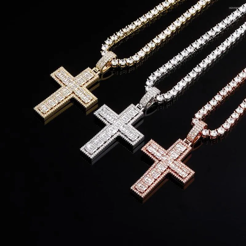 Pendant Necklaces GUCY High Quality Baguette Cross Necklace With 4mm Tennis Chain Cubic Zircon Men's Women Hip Hop Rock Jewelry