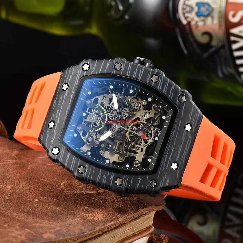 Wysokiej jakości męski zegarek stoper szkieletowa tarcza projektant gumowy silikonowy biznes zegarki kwarcowe kalendarz dla mężczyzn czarny męski zegar Relogio Masculino