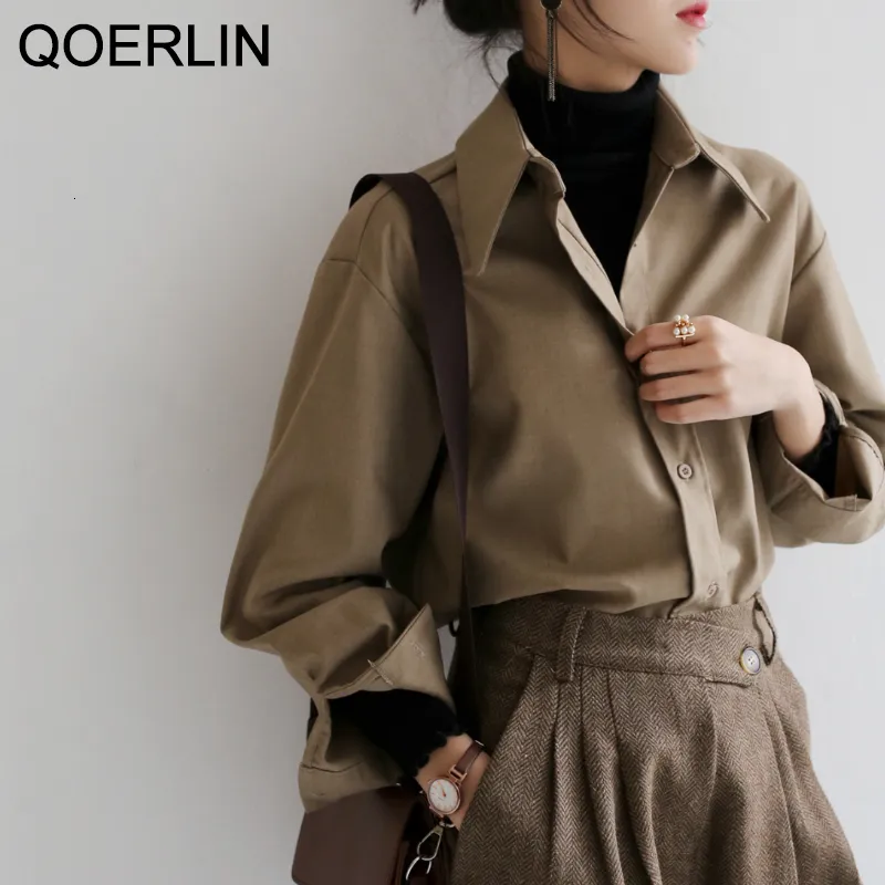 Dames blouses shirts qoerlin koffie blouse veer herfst casual vaste kleur lange mouw Koreaanse los olstyle werkkleding sxl 230214