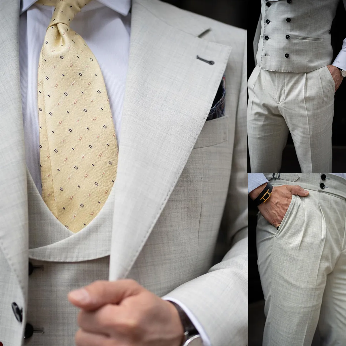 Tre pezzi Smoking da sposa Abiti da uomo Risvolto con risvolto Moda Giacca a righe Giacca a due bottoni Bel lavoro personalizzato Cappotto multi-scenario Pantaloni Gilet