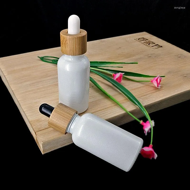 Storage Bottles 30ml Pearl White Glass Dropper Bottle Wooden Lid Bamboo Cap Cosmetic Essential Oil Pipette Container