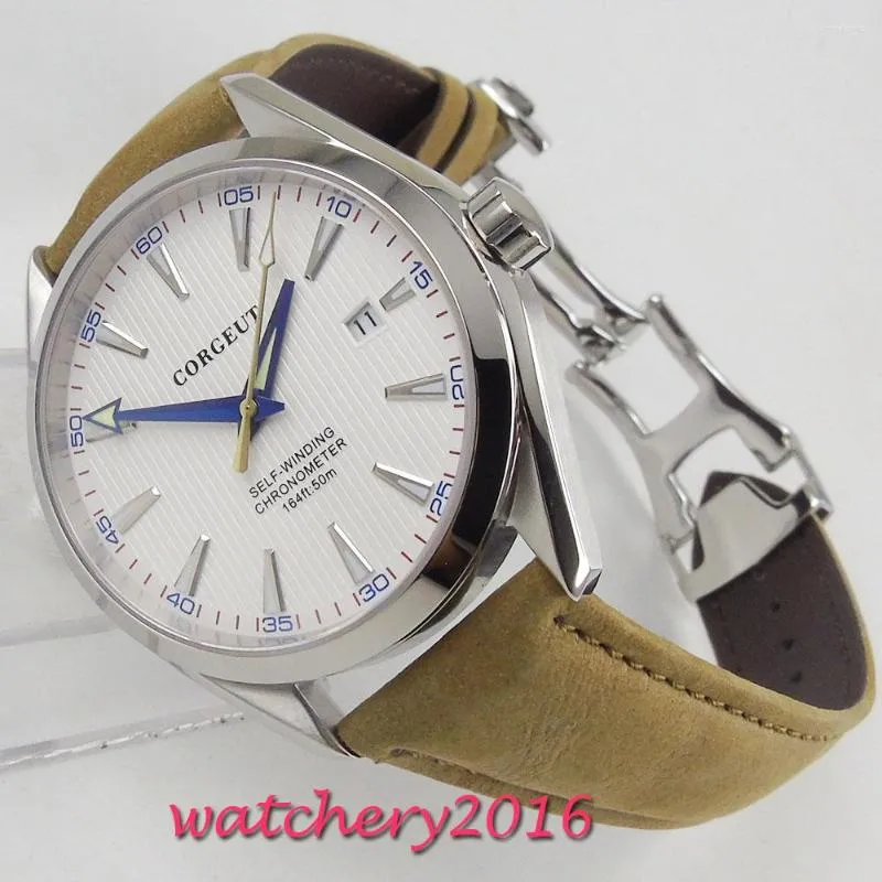 손목 시계 41mm 흰색 다이얼 스테인리스 스틸 케이스 사파이어 유리 블루 핸드 미요타 자동 운동 남자 시계
