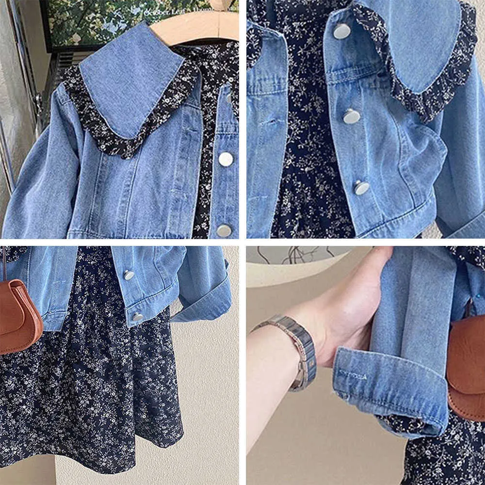 Korean Floral Autumn Girl Denim Jacket Coat Tops Flower Suit Girls Clothing Fashion Princess Dress Sets Y