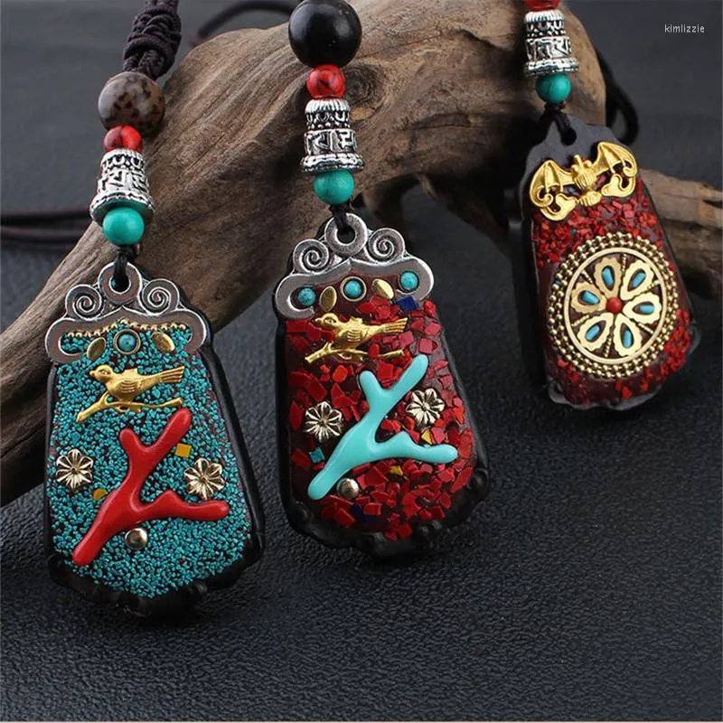 Pendentif Colliers Vintage Style ethnique fait à la main Pingan ébène Thangka pendentifs déclaration népal collier femmes hommes bijoux