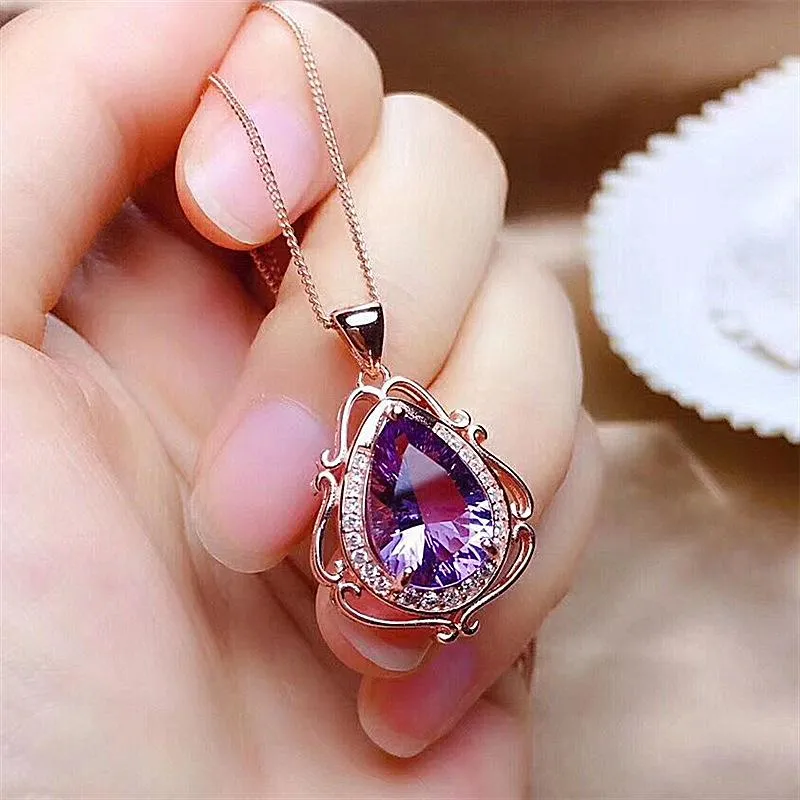 Pendant Necklaces Luxury Women's Wedding Necklace Rose Gold Plated Filled Purple Gems Crystal Princess Banquet Chain Jewelry Lover's GiftPen