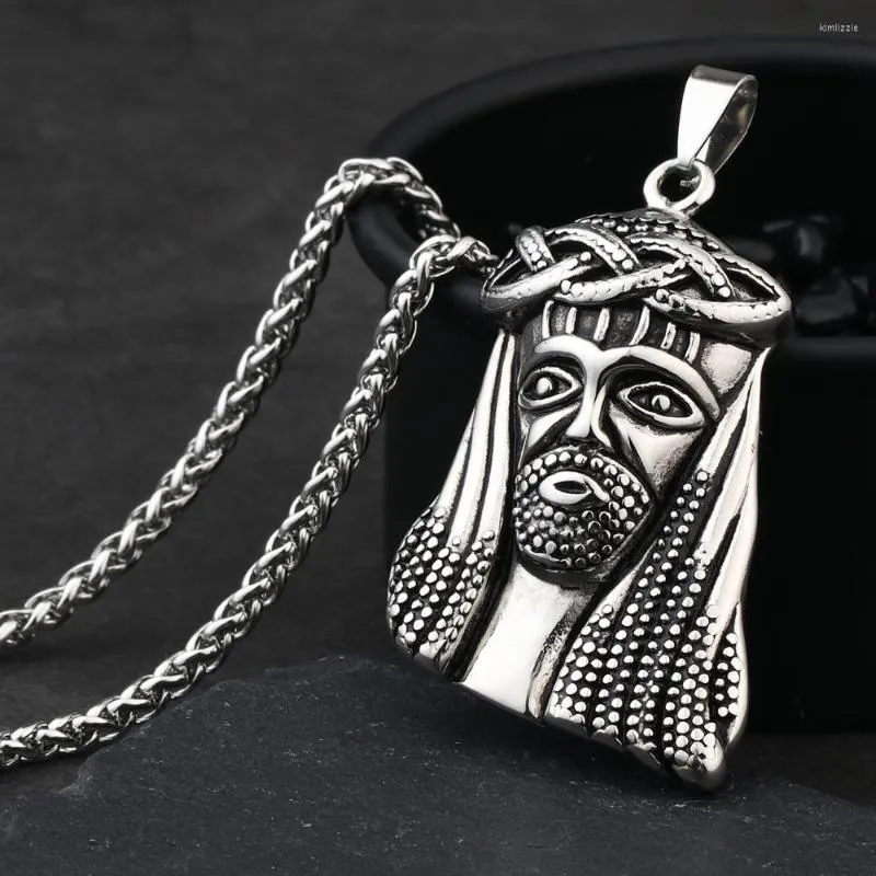 Pendant Necklaces Quality Human Face Stainless Steel Curb Cuban For Men Women Silver Color Link Chain Jewelry Byzantium MN118