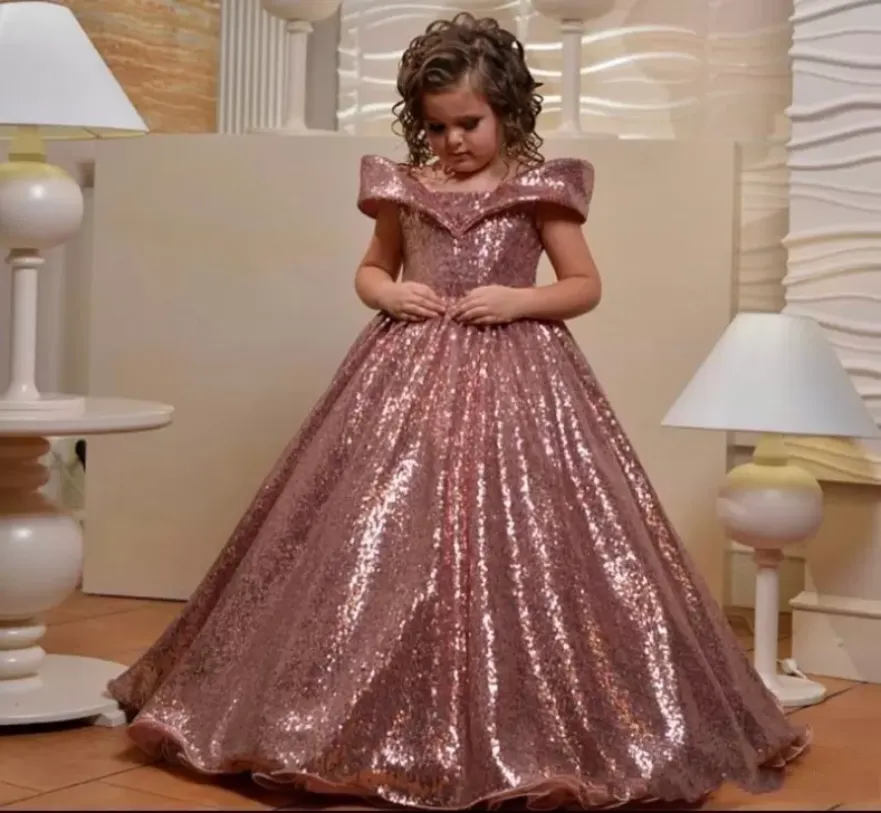 Ano novo Rose Gold Liginas Flor Girls Dresses para casamento fora das mangas da tampa da tampa First Dress Kids Dress Dress Girls GOWNS BC13062