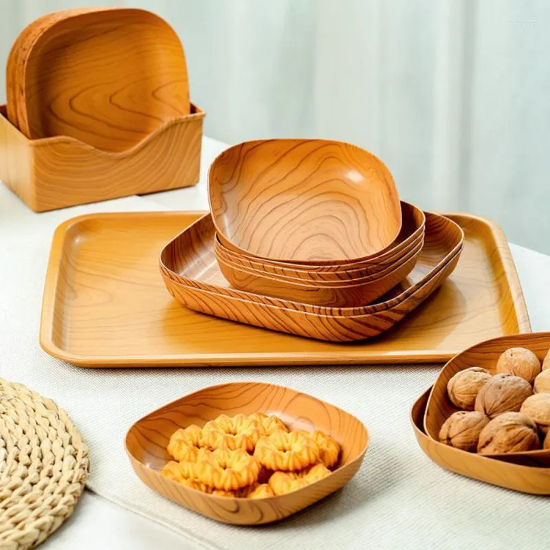 Assiettes Fruit Bow Grain de bois Plastique Assiette carrée Après-midi- Snack Table Plat Cuisine Stockage Conteneur Vaisselle