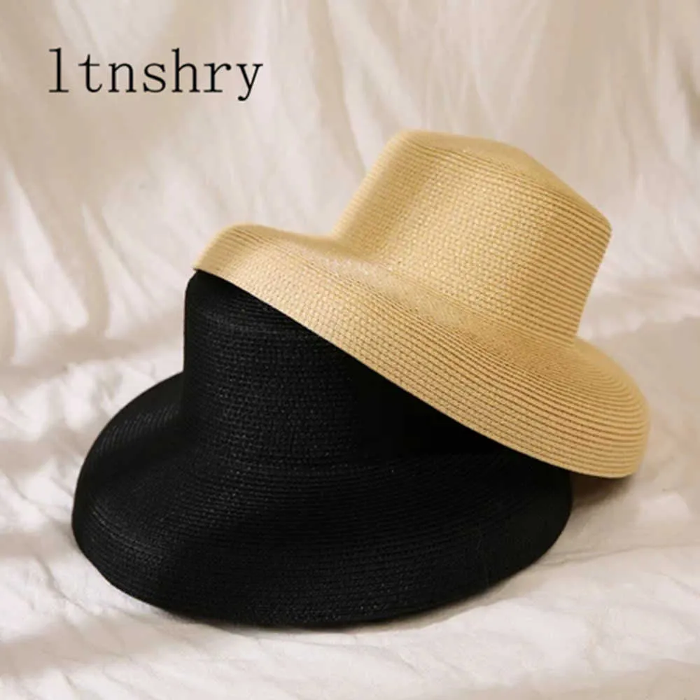 Wide Brim Hats 2019 여성을위한 새로운 검은 태양 모자 버킷 모자 여름 밀짚 모자 평평한 여성 패션 비치 모자 파나마 모자 chapeu feminino r230214