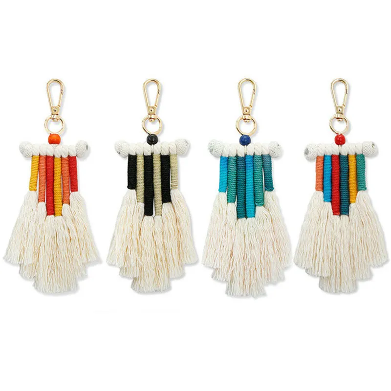 Bohemian Tassel Keychain Hand-woven Pendant DIY Rainbow Braided Keychains with Tassels Bag Charms Handmade Car Key Chain Luggage Decoration 4 Colors
