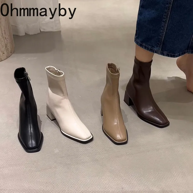 Boots Autumn Design Heel Ankle Boot Fashion Square Toe Zipper