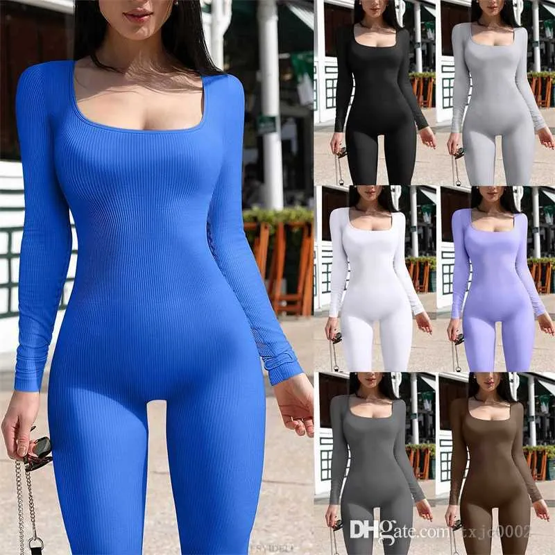 2023 Sexy Women Bodycon Jumpsuits Desinger Long Sleeve Knitted Threaded Square Neck Hip Lifting Sports Rompers Bodysuits