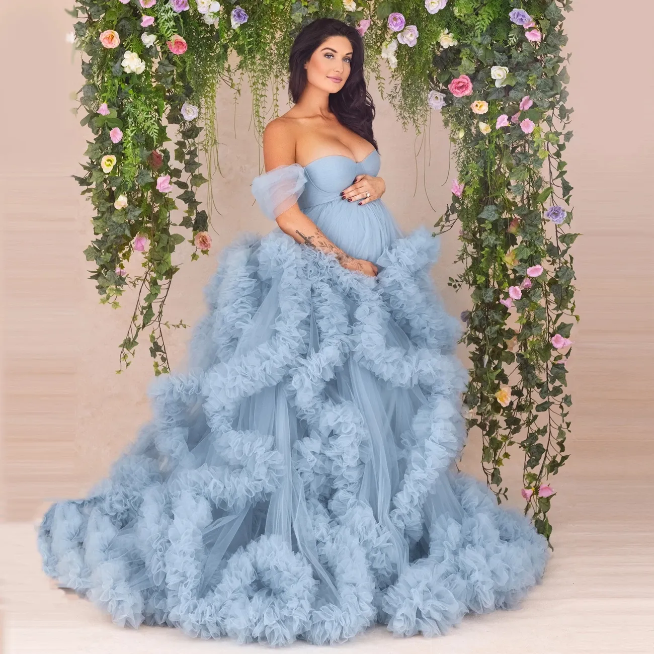 Luksusowa niebieska sukienka ślubna macierzyńska sesja zdjęciowa 2023 ciąża Baby Shower Ruffles Country Boho Weddla