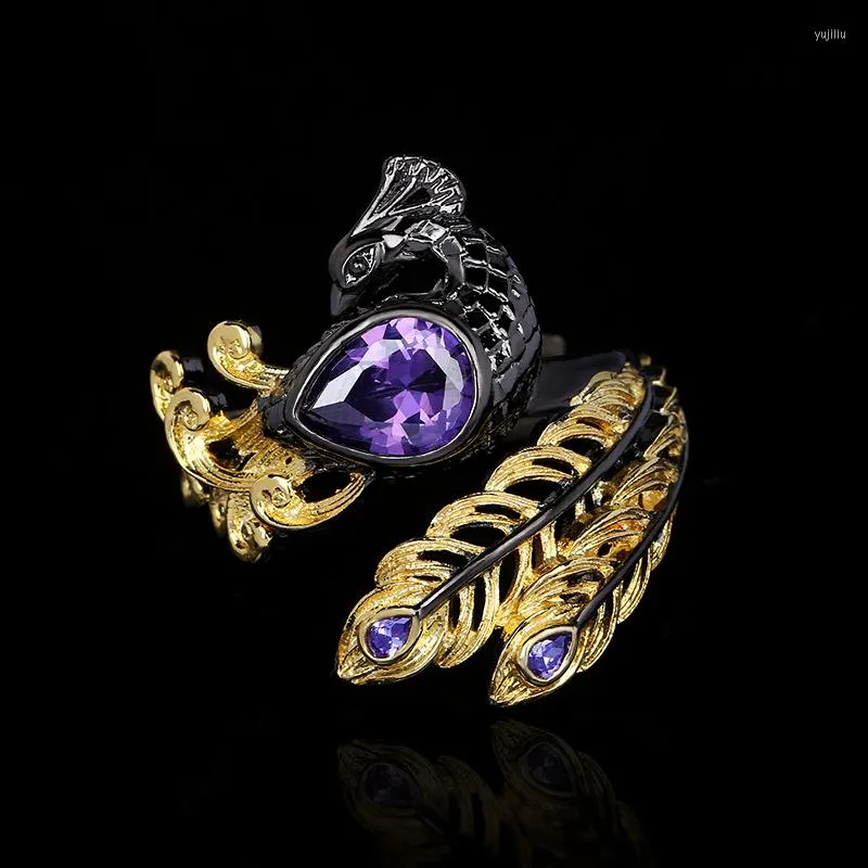 Bagues de cluster Cizeva Exquis Retro Phoenix Peacock pour femmes Luxe Améthyste Bague de mariage Tungstène Tendance Bijoux animaux