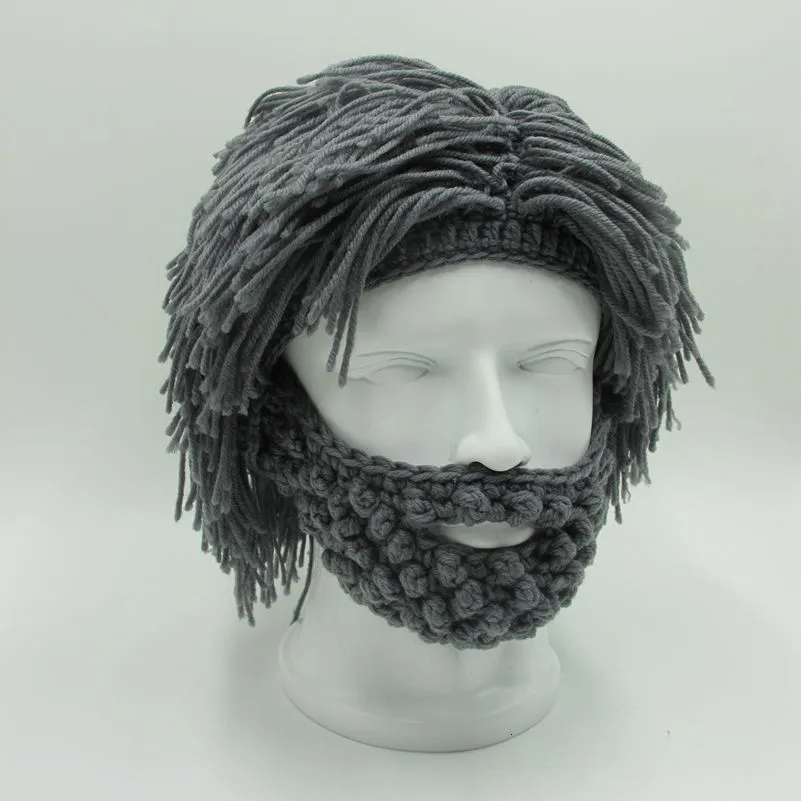 Berets Beard Hats Hobo Mad Scientist Caveman Handmade Knit Warm Winter Cap Men Women Halloween Gifts Funny Party Beanies 5 Colours 230214