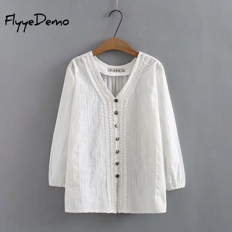 Women's Blouses & Shirts 4XL 2023 Summer Women V Neck Embroidery Blouse Autumn White Lace Patchwork Long Sleeve Shirt Loose Tops Work Blusa