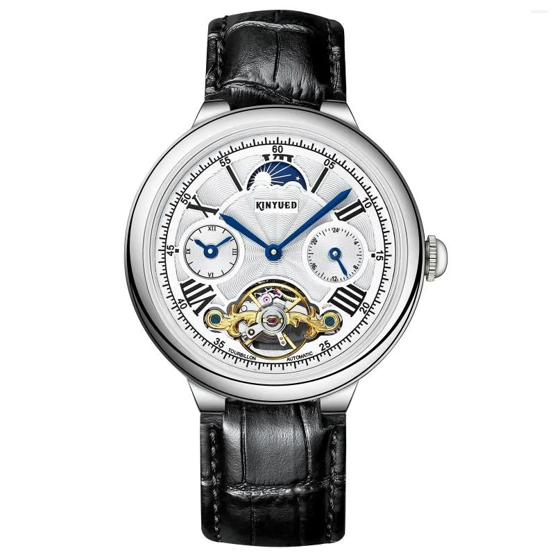 Zegarek Kinyued Jinyeueda Men's Dual Time Strefa Automatyczna mechaniczna zegarek ze zegarem skórzany pasek zegarków Luxury Men Luksus