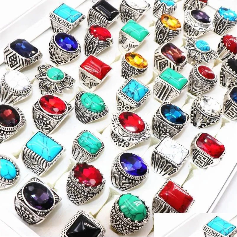 Cluster Rings Wholesale Vintage Turquoise Stone Glass Sier Plated Jewelry For Man Women Mix Style Drop Delivery 202 Dhis3