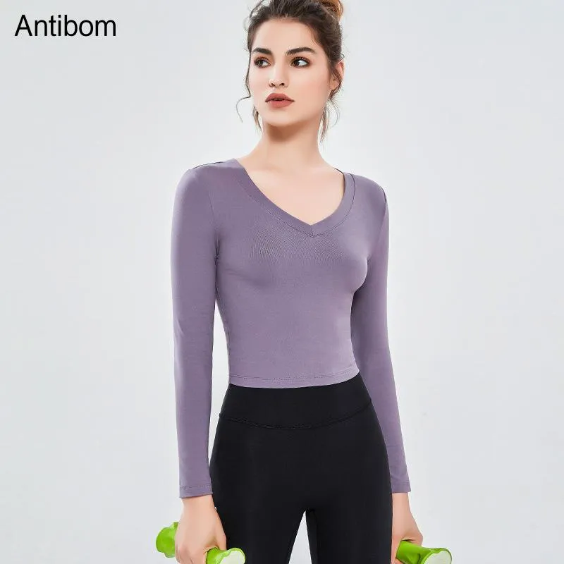 Yoga Outfit Antibom Women's T-Shirts Sport Crop Top Fitness Gym Clothing V-Neck Long Sleeve Slim Shirt Jogging Breathable Athletic Wear