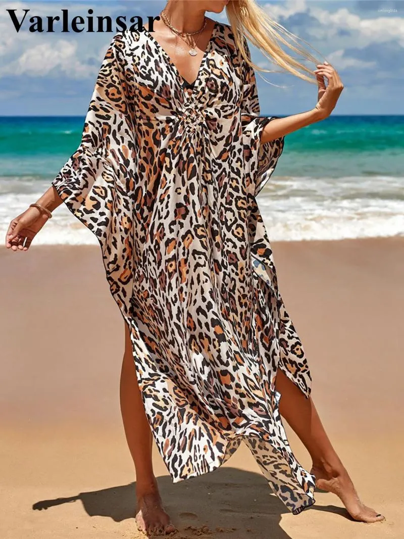 Women's Swimwear Leopard Printed V Neck Tunic Beach Cover Up Cover-ups Dress Wear Beachwear Long Female Women V4160