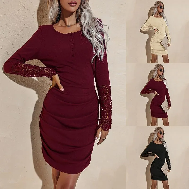 Casual Dresses Women Ruched Sheath Dress Adults Sexy Solid Color Round Neck Lace Sleeve Female