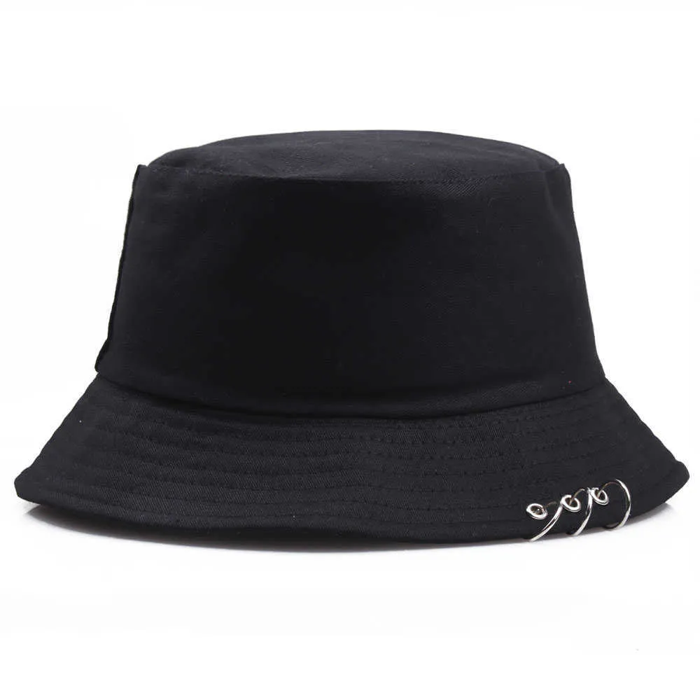 Wide Brim Hats Kpop Jungkook Harajuku Hip Hop Solid Color Bucket Hat Spiked Rivets Metal Rings Outdoor Wide Brim Sunscreen Fisherman Cap R230214