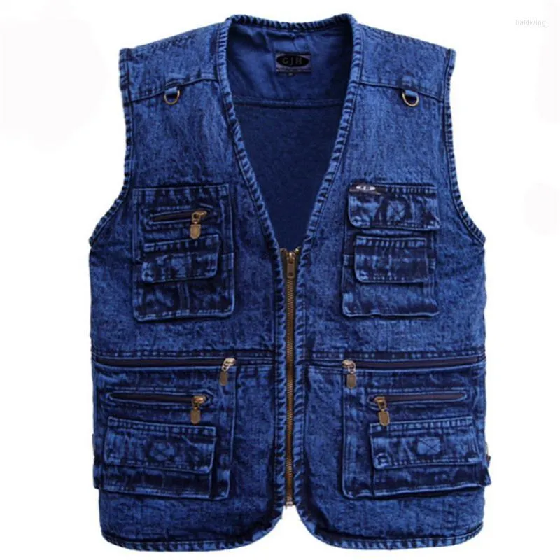 Men's Jackets Vest Outerwear Denim Waistcoat Deep Blue Color Plus Size Sleeveless Jacket Multi-pocket XL To 5XL