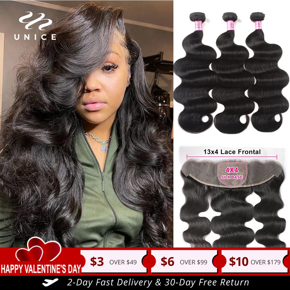 Волосы Unice Brazilian Body Wave 3 пучки с кружевным фронтальным CLRE 13x4 БЕСПЛАТНО Часть 100 человек с 230214