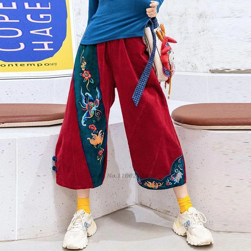 Etniska kläder 2023 National Harajuku Vintage Corduroy Pants Flower broderade traditionella kinesiska kvinnor breda benbyxor orientaliska