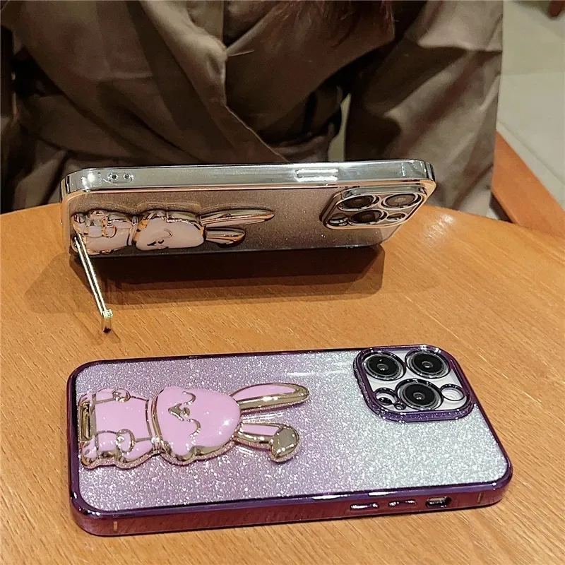 Coque de téléphone avec support de lapin de dessin animé mignon, étui de luxe plaqué à paillettes pour iPhone 11 12 13 14 Pro Max X Xs Max Xr 7 8 14 Plus