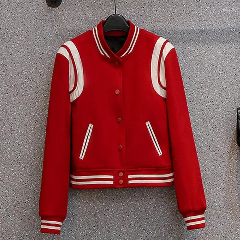 Giacche da donna Baseball di lana rosso Bomber allentato casual oversize da donna Cappotti corti Impiombato a maniche lunghe in misto lana coreana nera retrò