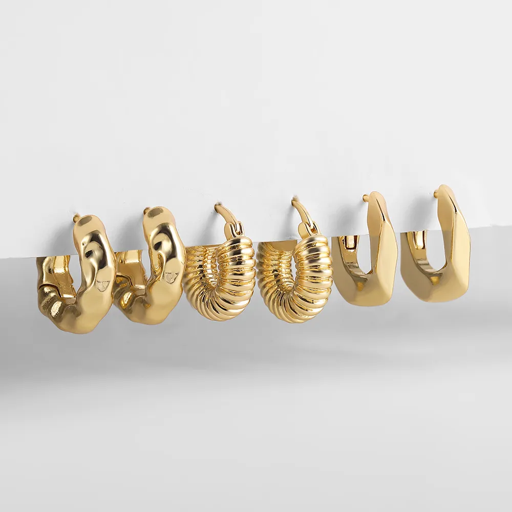 3PAIR Yaratıcı Altın Renk Geometrik Düzensiz Çitilmiş Küpe Vintage Twisted Küba Zincir Hoop Küpe Kadın Mücevherleri